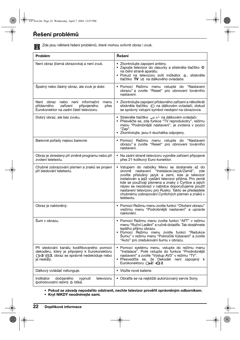 Řešení problémů | Sony FD Trinitron WEGA KV-28CS70K User Manual | Page 66 / 136