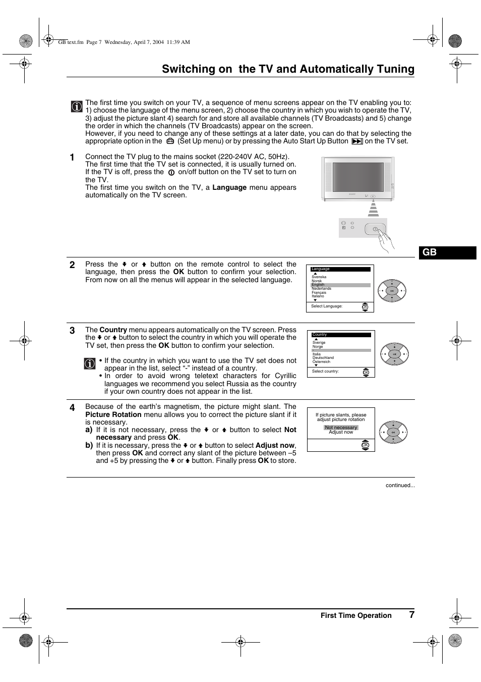 Switching on the tv and automatically tuning | Sony FD Trinitron WEGA KV-28CS70K User Manual | Page 7 / 136