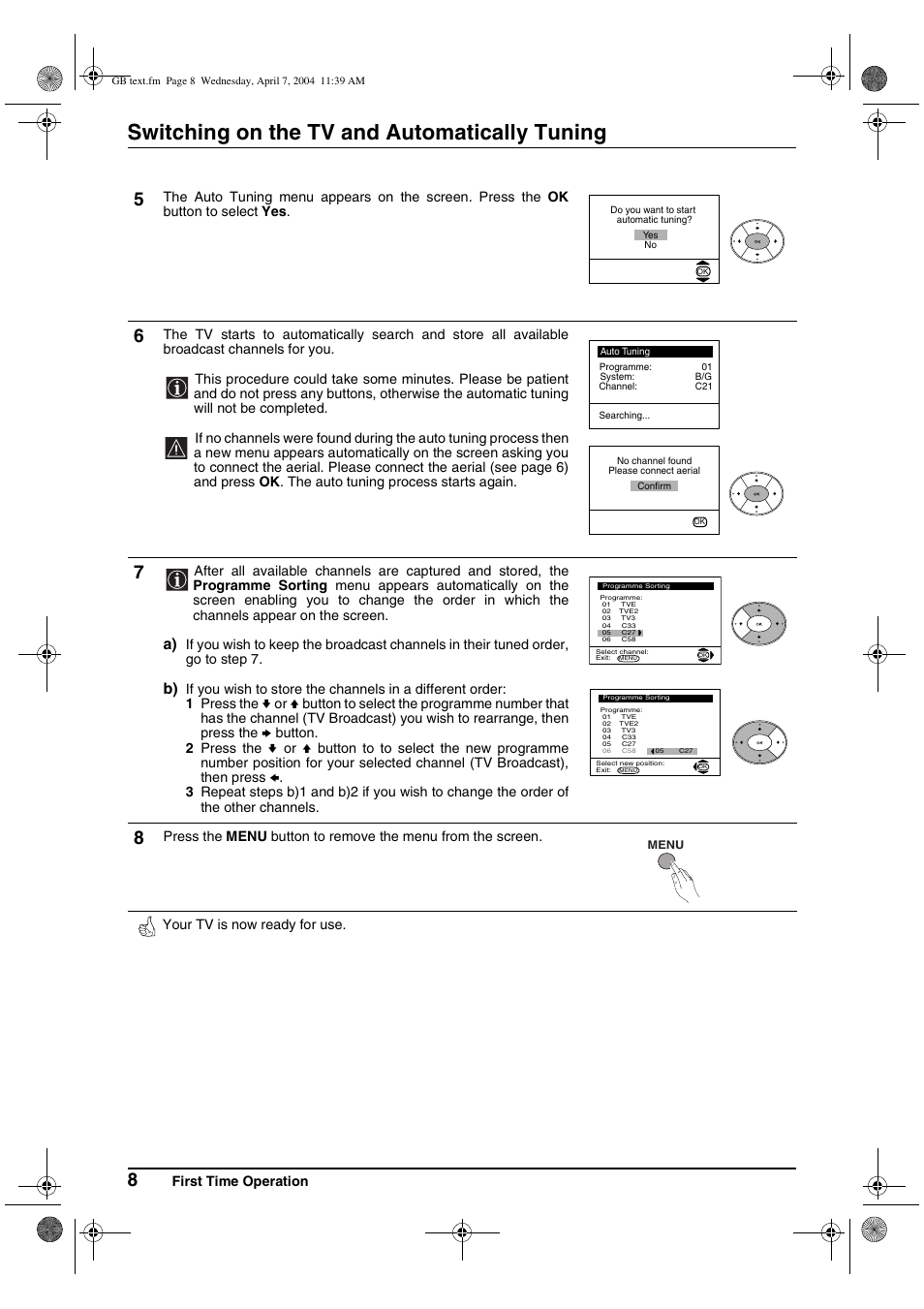 Switching on the tv and automatically tuning | Sony FD Trinitron WEGA KV-28CS70K User Manual | Page 8 / 136