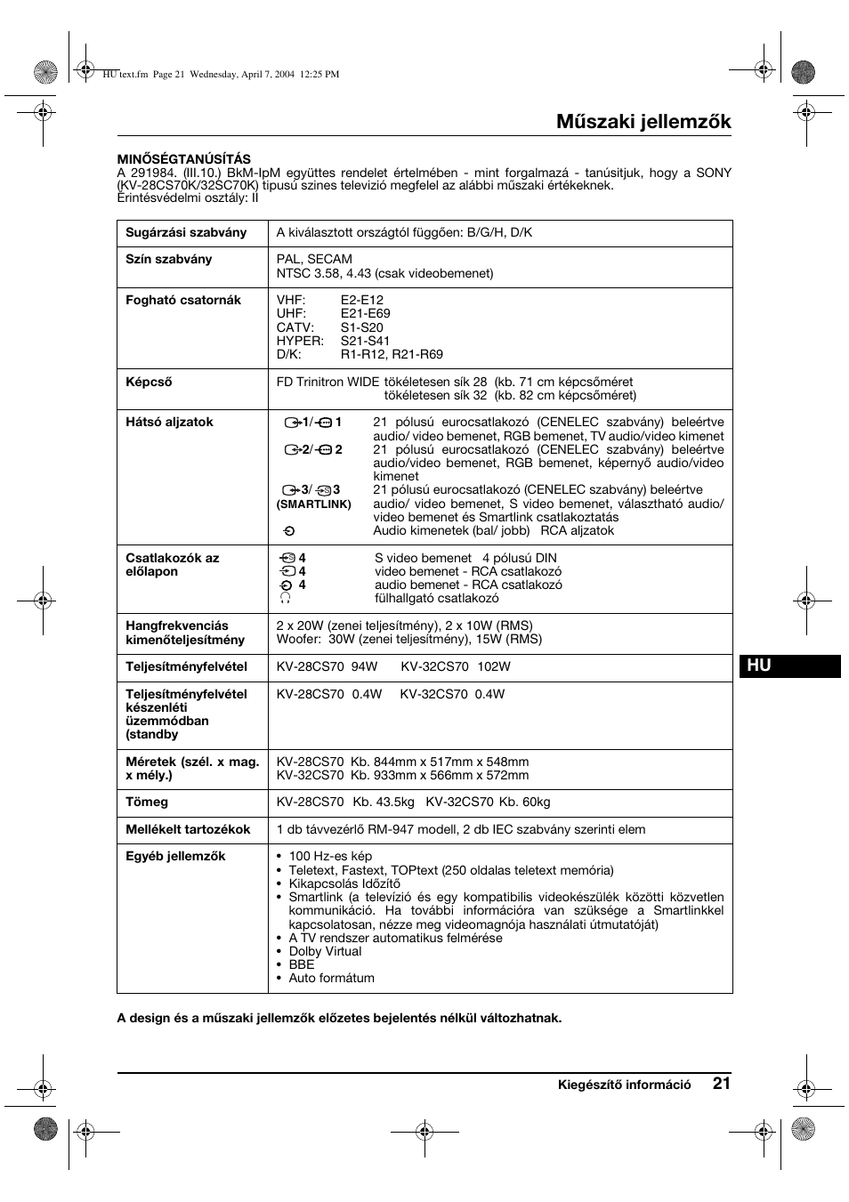 Műszaki jellemzők | Sony FD Trinitron WEGA KV-28CS70K User Manual | Page 87 / 136