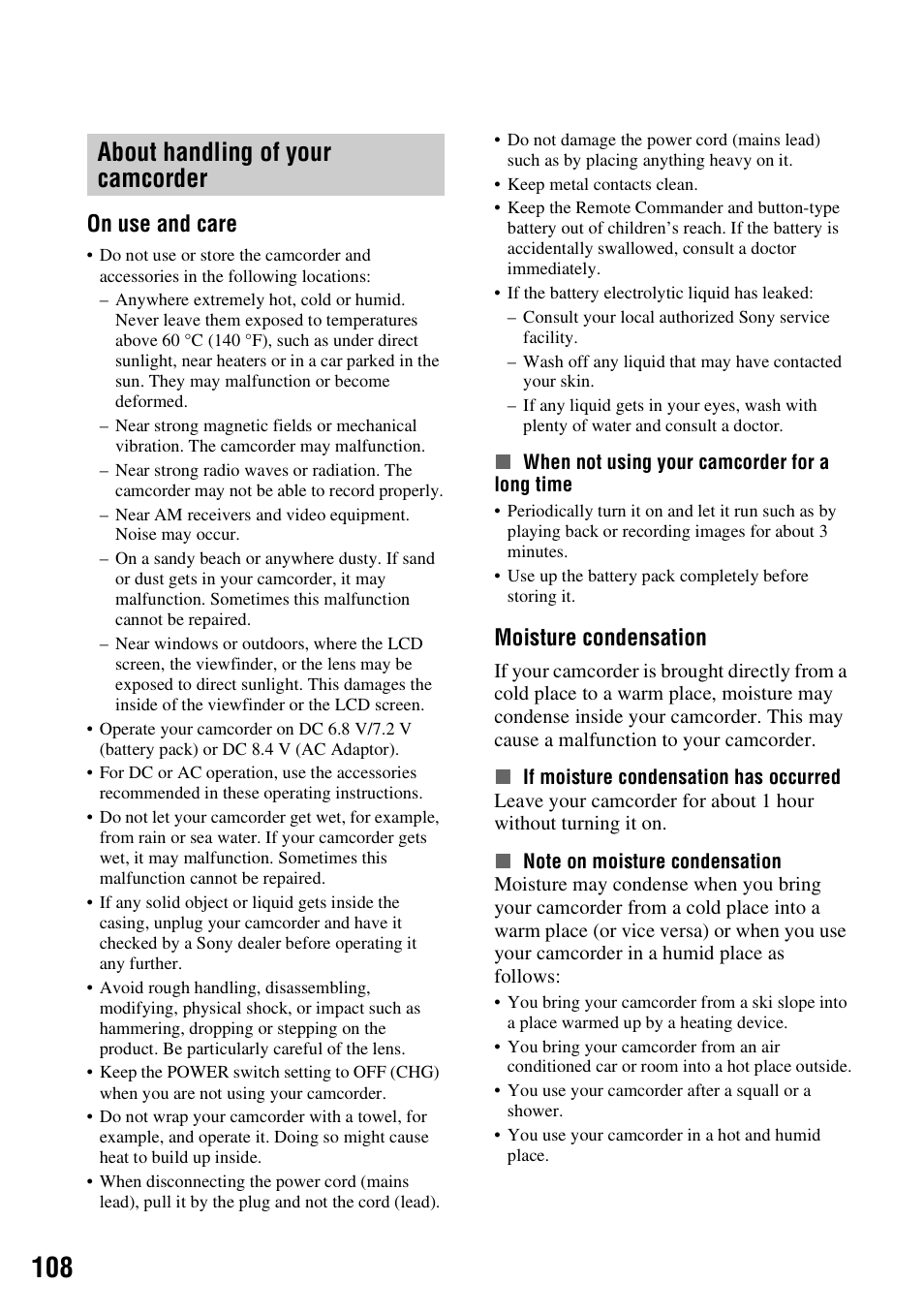 About handling of your camcorder, P. 108), On use and care | Moisture condensation | Sony 3-286-590-12(1) User Manual | Page 108 / 124