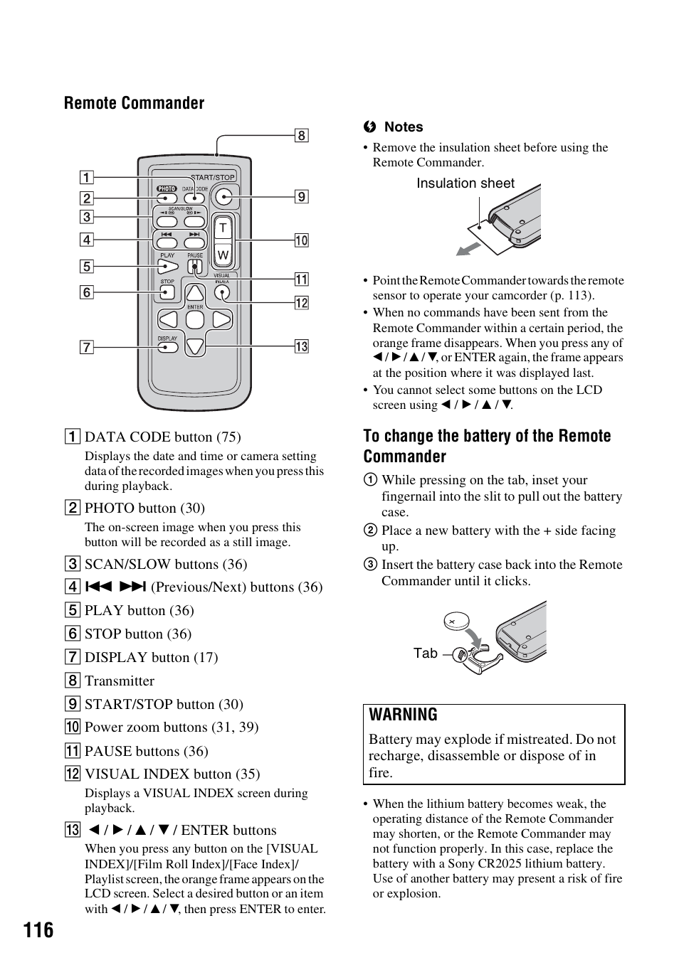 P. 116), R (p. 116), Remote commander | Warning | Sony 3-286-590-12(1) User Manual | Page 116 / 124