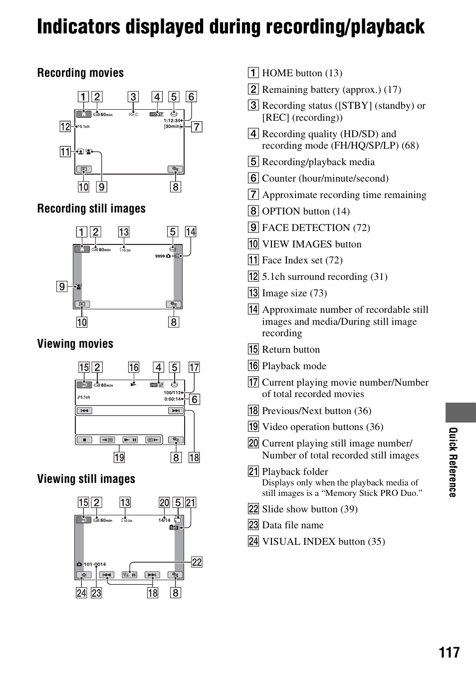 Indicators displayed during recording/playback, Indicators displayed during recording, Playback | P. 117) | Sony 3-286-590-12(1) User Manual | Page 117 / 124