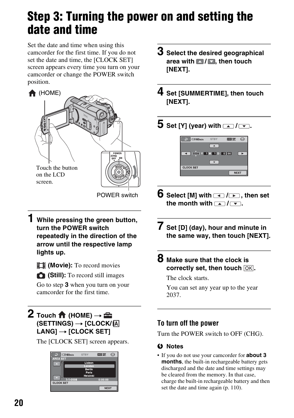 P. 20) or t, Step 3: turning the power on and, Setting the date and time | Sony 3-286-590-12(1) User Manual | Page 20 / 124