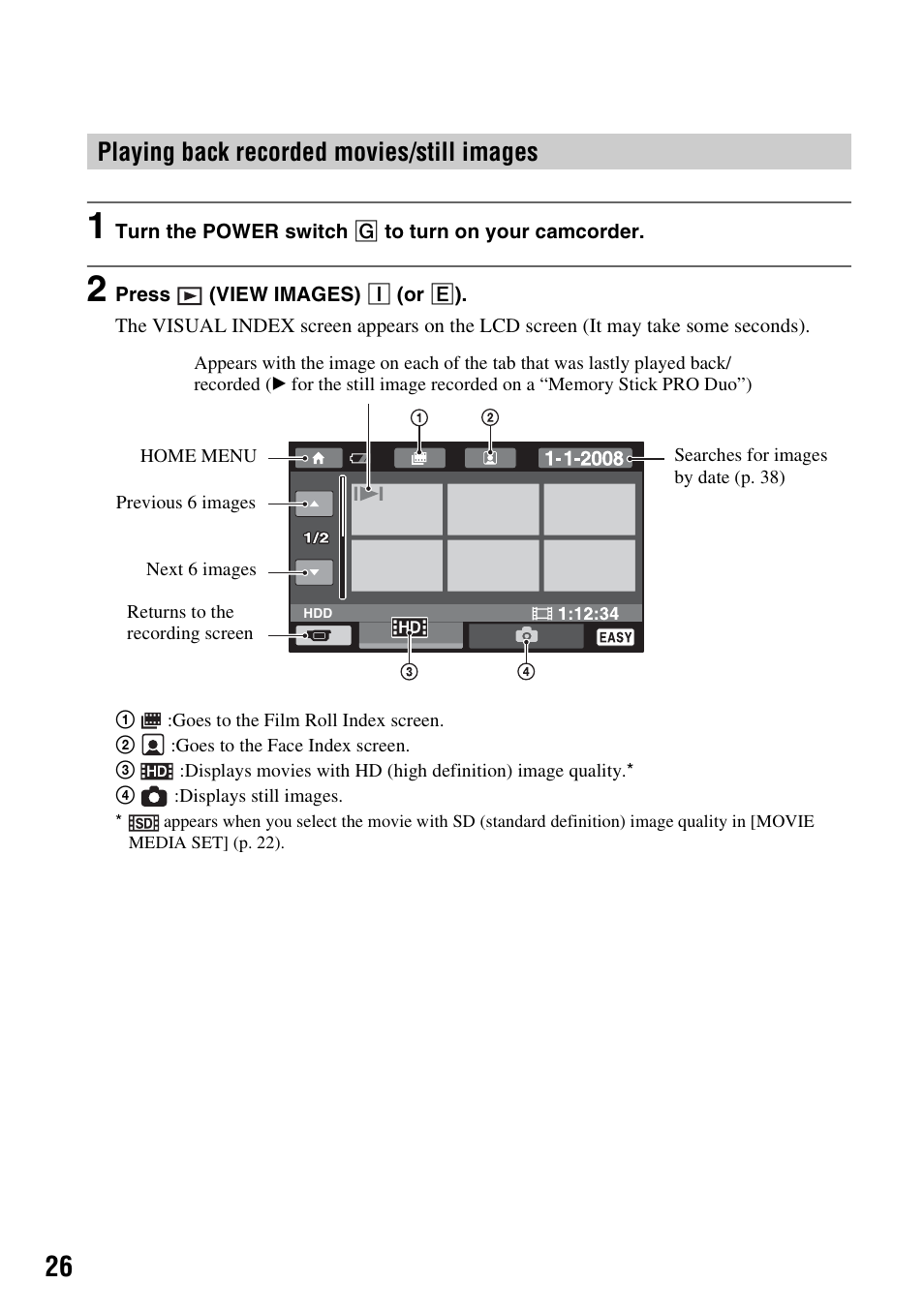 Playing back recorded movies/still images | Sony 3-286-590-12(1) User Manual | Page 26 / 124