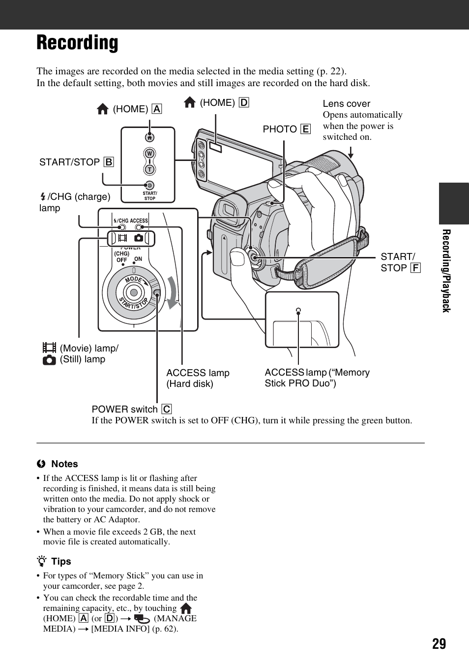 Recording, P. 29 | Sony 3-286-590-12(1) User Manual | Page 29 / 124