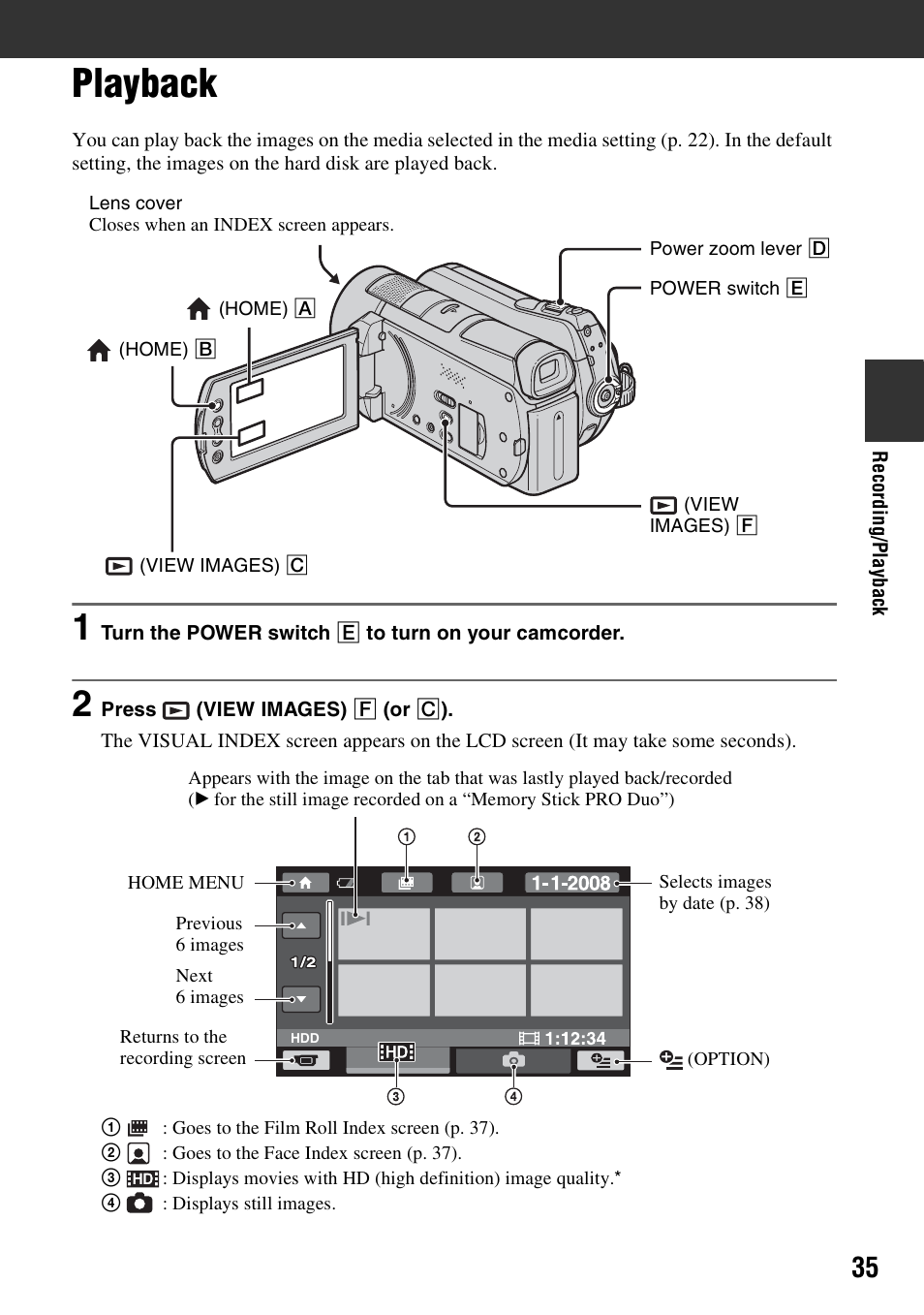 Playback, P. 35) | Sony 3-286-590-12(1) User Manual | Page 35 / 124