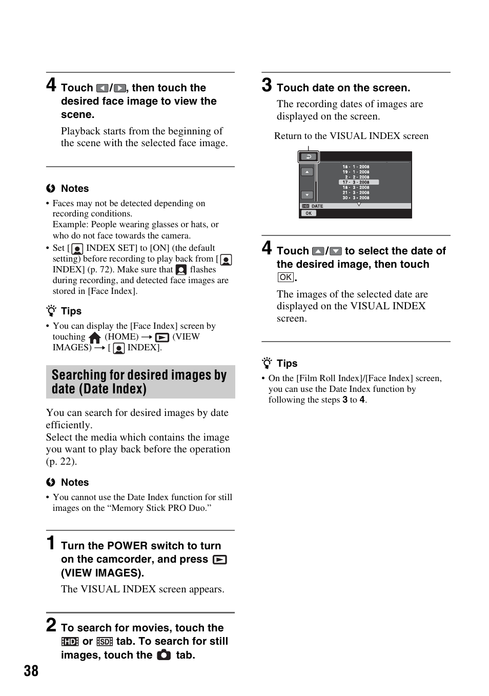 Searching for desired images by date (date index), Searching for desired images by, Date (date index) | P. 38) | Sony 3-286-590-12(1) User Manual | Page 38 / 124