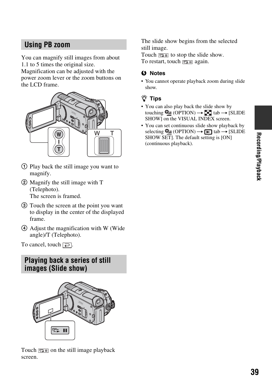 Using pb zoom, Playing back a series of still images (slide show), 39 playing back a series of still images | Slide show), P. 39 | Sony 3-286-590-12(1) User Manual | Page 39 / 124