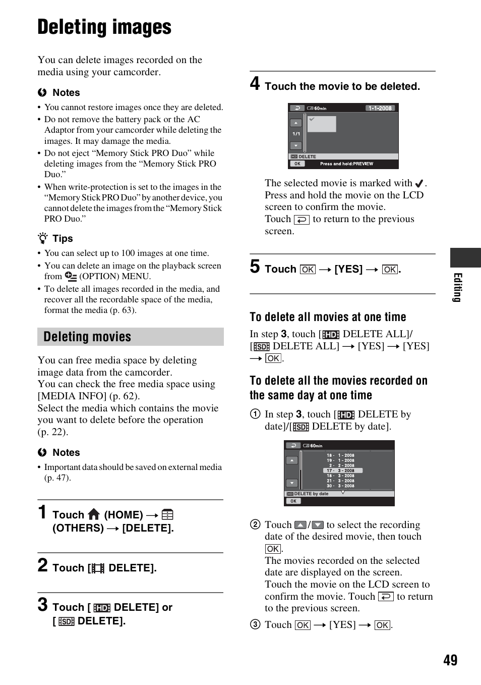 Deleting images, P. 49), P. 49 | Deleting movies | Sony 3-286-590-12(1) User Manual | Page 49 / 124