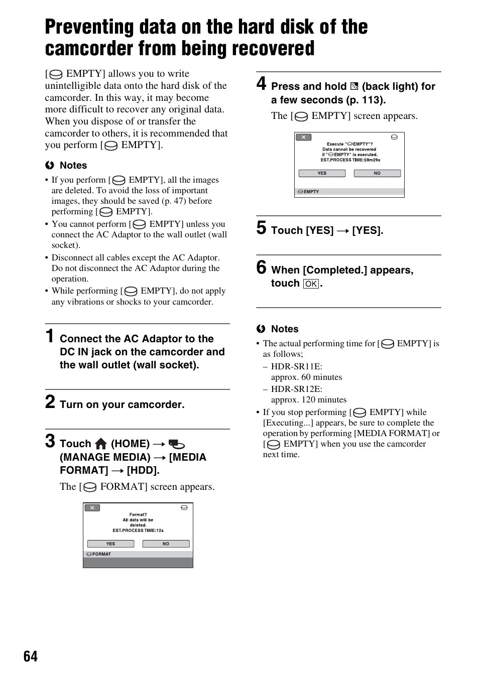 P. 64), Preventing data on the hard disk of, The camcorder from being recovered | Sony 3-286-590-12(1) User Manual | Page 64 / 124