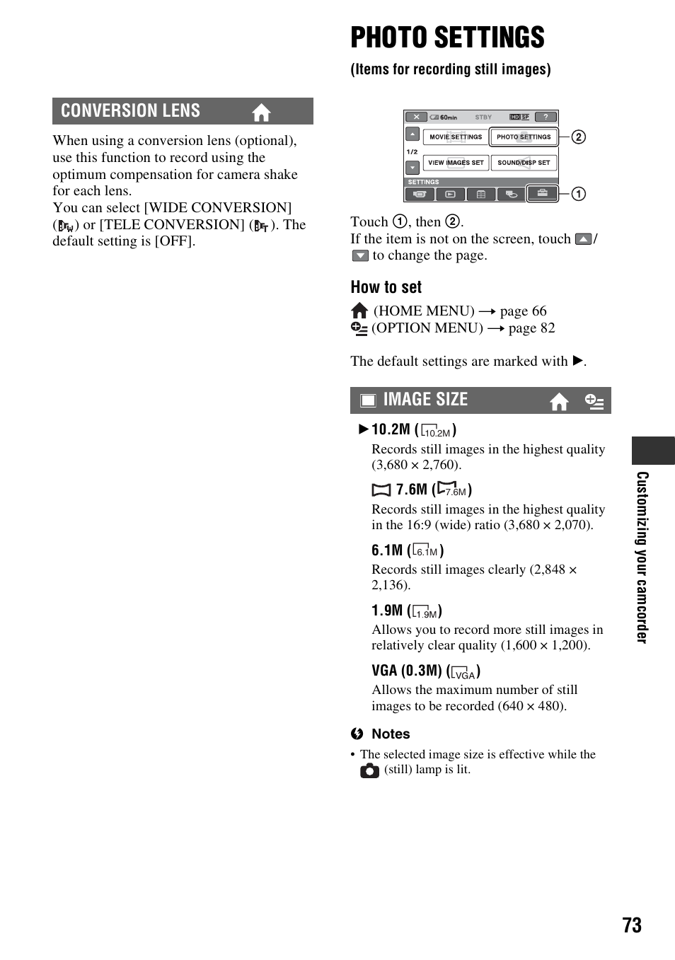 Photo settings (items for recording still images), Photo settings, Items for recording still images) | P. 73), Conversion lens, Image size | Sony 3-286-590-12(1) User Manual | Page 73 / 124
