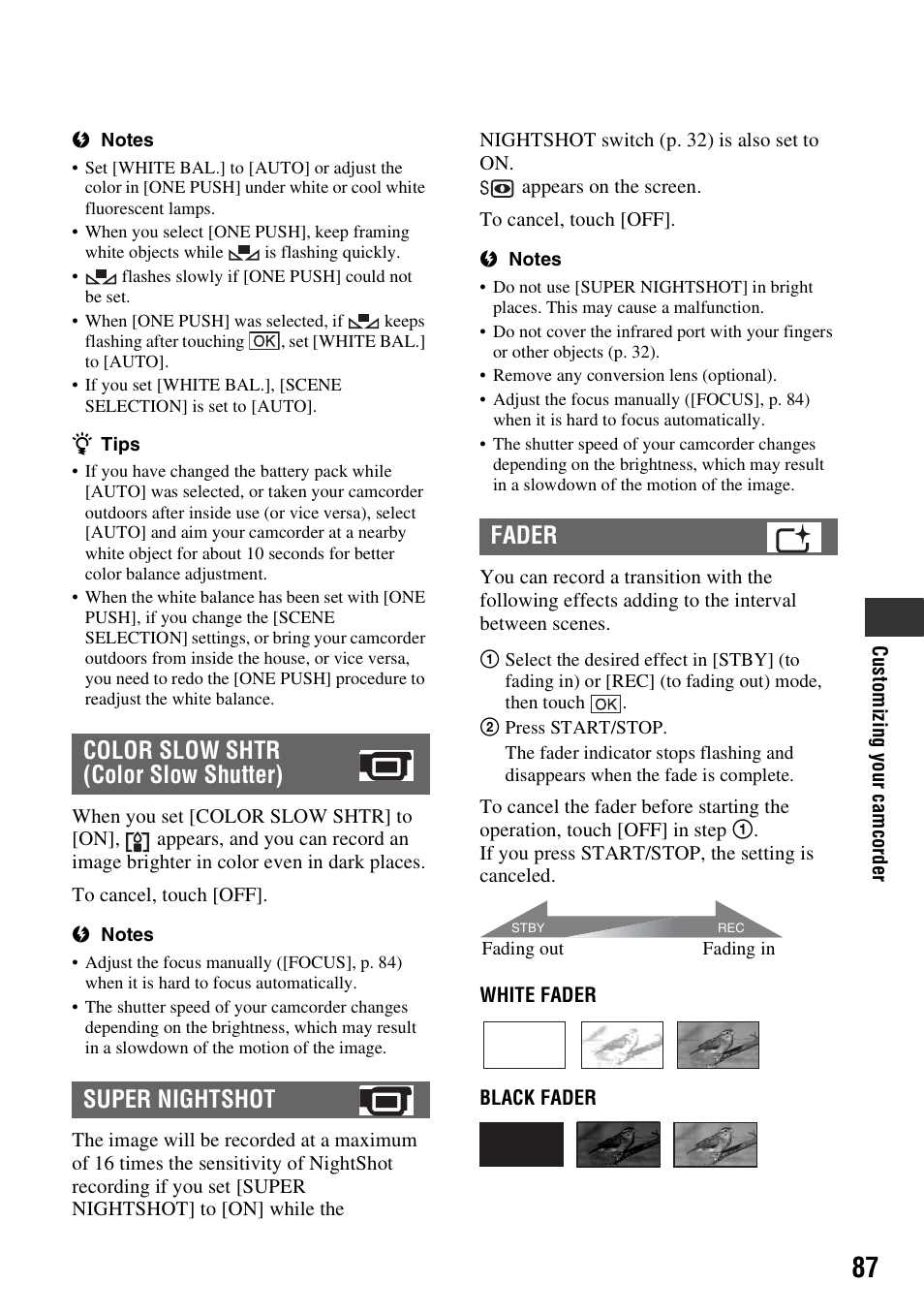 P. 87), Nightshot] (p. 87) | Sony 3-286-590-12(1) User Manual | Page 87 / 124