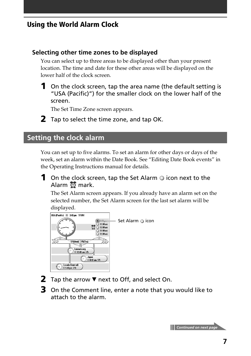 Setting the clock alarm | Sony CLIE World Alarm Clock User Manual | Page 7 / 12