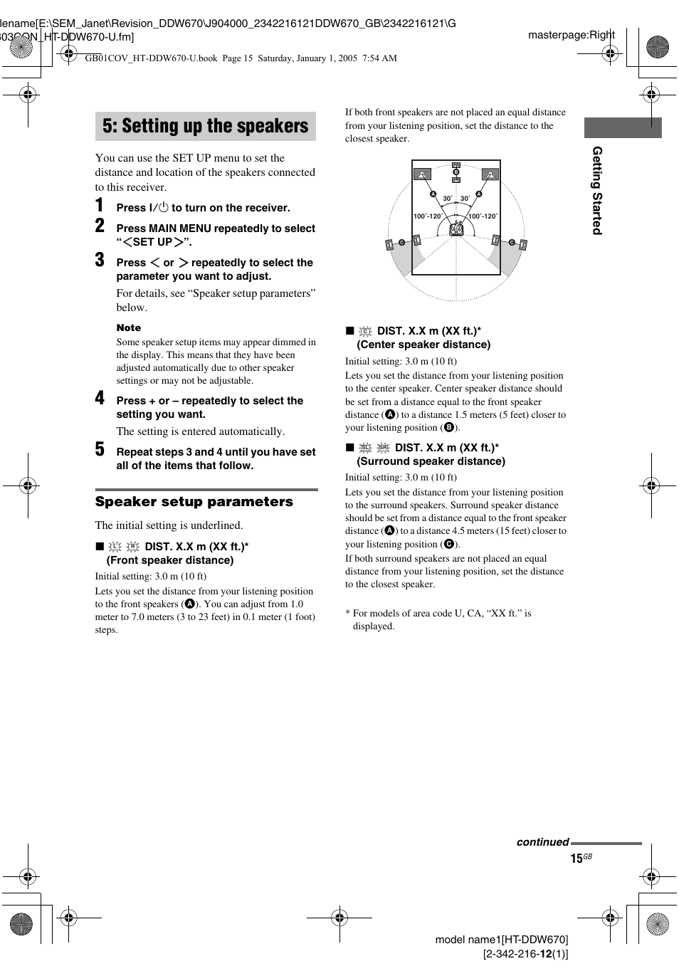Setting up the speakers, Speaker setup parameters | Sony HTDDW670 User Manual | Page 15 / 44