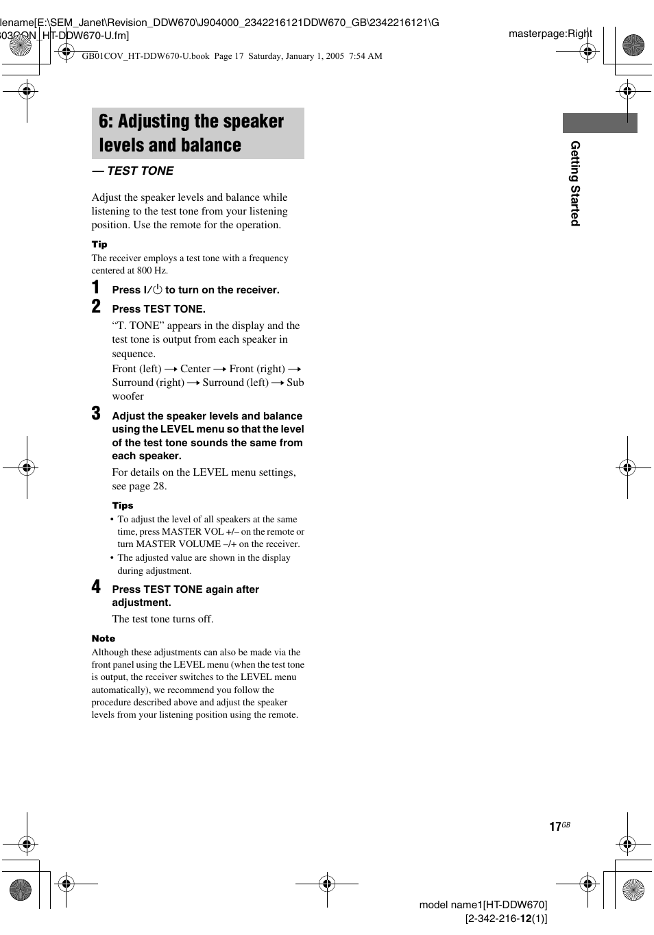 Adjusting the speaker levels and balance, Test tone, Adjusting the speaker levels and | Balance — test tone | Sony HTDDW670 User Manual | Page 17 / 44
