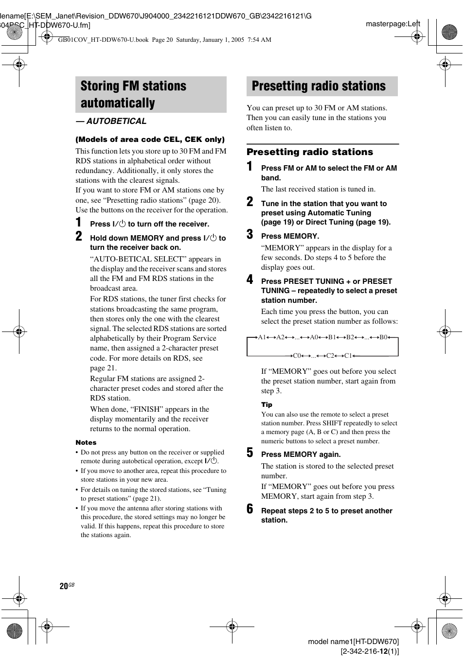 Storing fm stations automatically, Autobetical, Presetting radio stations | Autobetical (models of area code cel, cek only) | Sony HTDDW670 User Manual | Page 20 / 44
