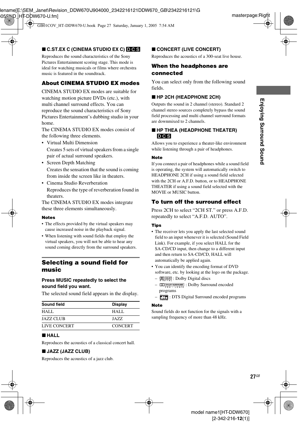 Selecting a sound field for music | Sony HTDDW670 User Manual | Page 27 / 44