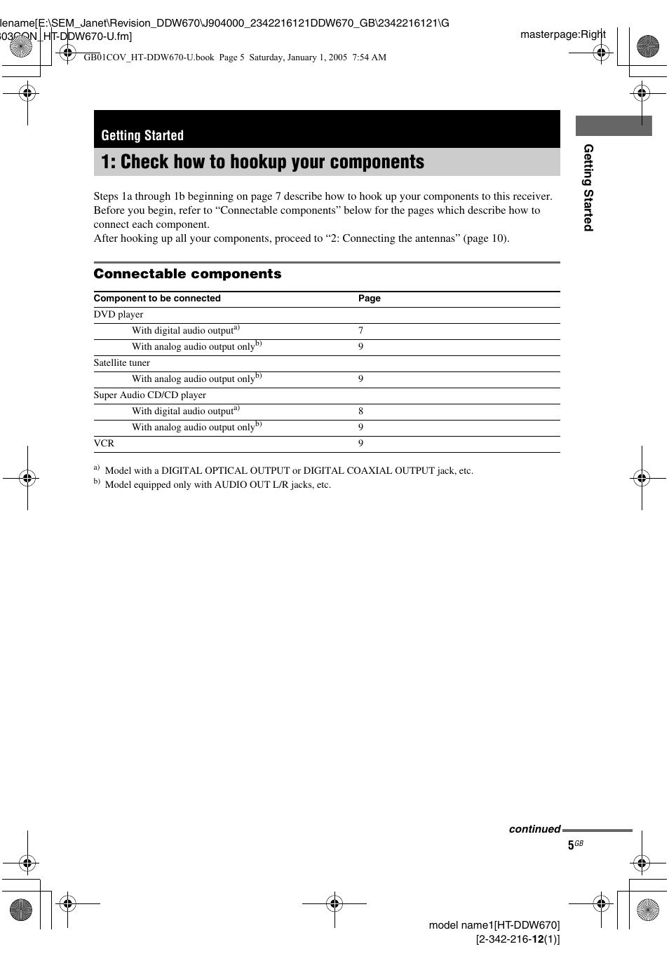 Getting started, Check how to hookup your components, Check how to hookup your | Components, Connectable components | Sony HTDDW670 User Manual | Page 5 / 44