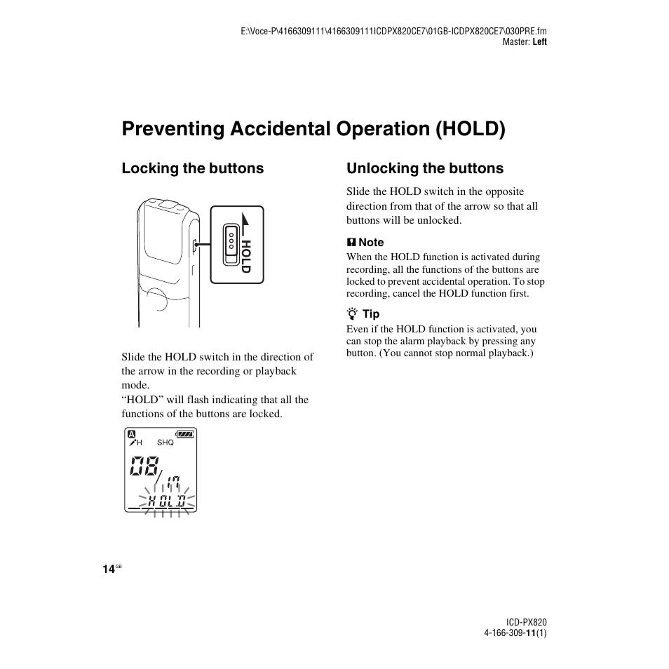 Preventing accidental operation (hold), Locking the buttons, Unlocking the buttons | Locking the buttons unlocking the buttons | Sony 4-166-309-11(1) User Manual | Page 14 / 96