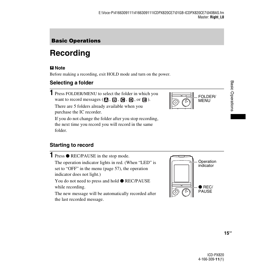 Basic operations, Recording | Sony 4-166-309-11(1) User Manual | Page 15 / 96