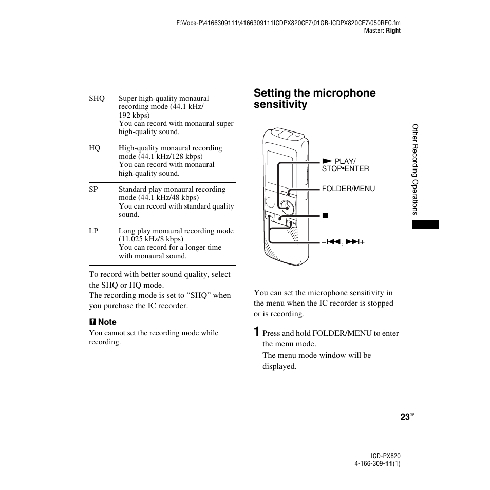 Setting the microphone sensitivity | Sony 4-166-309-11(1) User Manual | Page 23 / 96