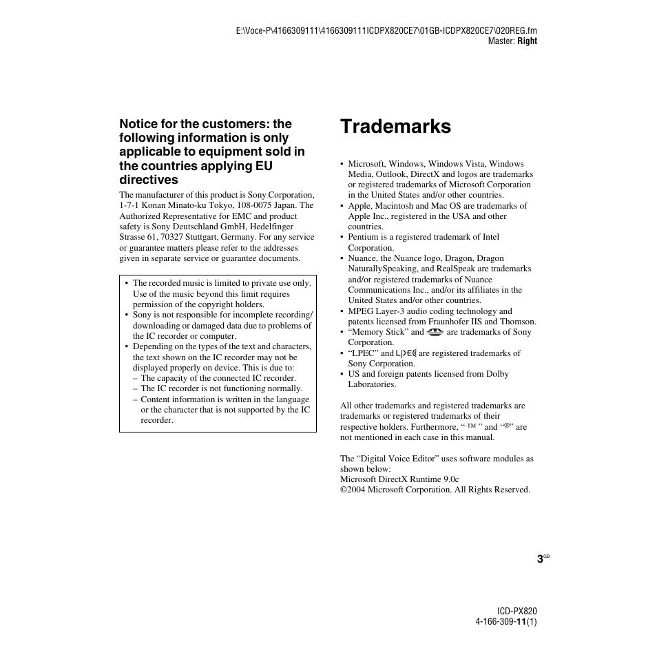 Trademarks | Sony 4-166-309-11(1) User Manual | Page 3 / 96