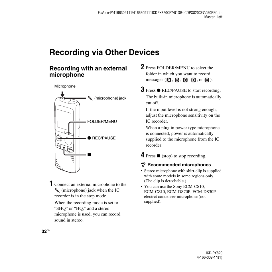 Recording via other devices, Recording with an external microphone | Sony 4-166-309-11(1) User Manual | Page 32 / 96