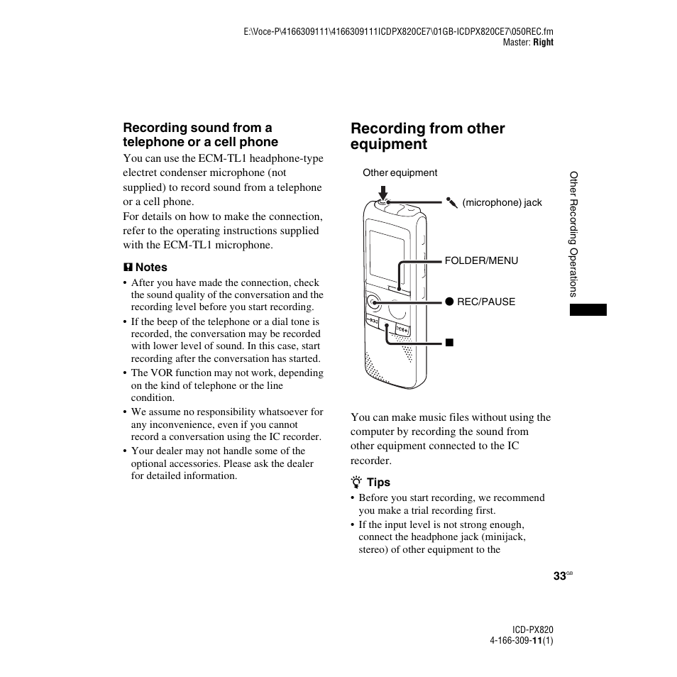 Recording from other equipment, Recording sound from a telephone or a cell phone | Sony 4-166-309-11(1) User Manual | Page 33 / 96