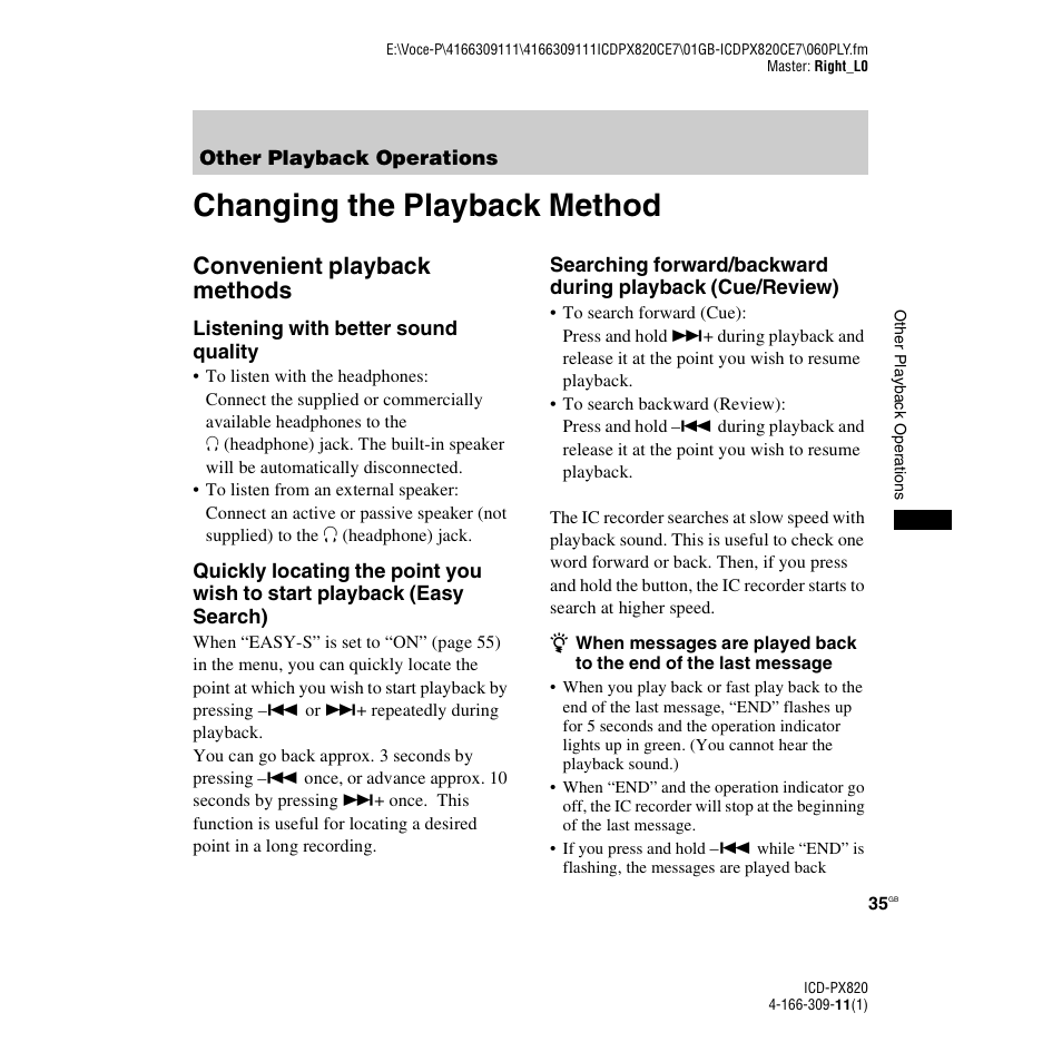 Other playback operations, Changing the playback method, Convenient playback methods | Sony 4-166-309-11(1) User Manual | Page 35 / 96