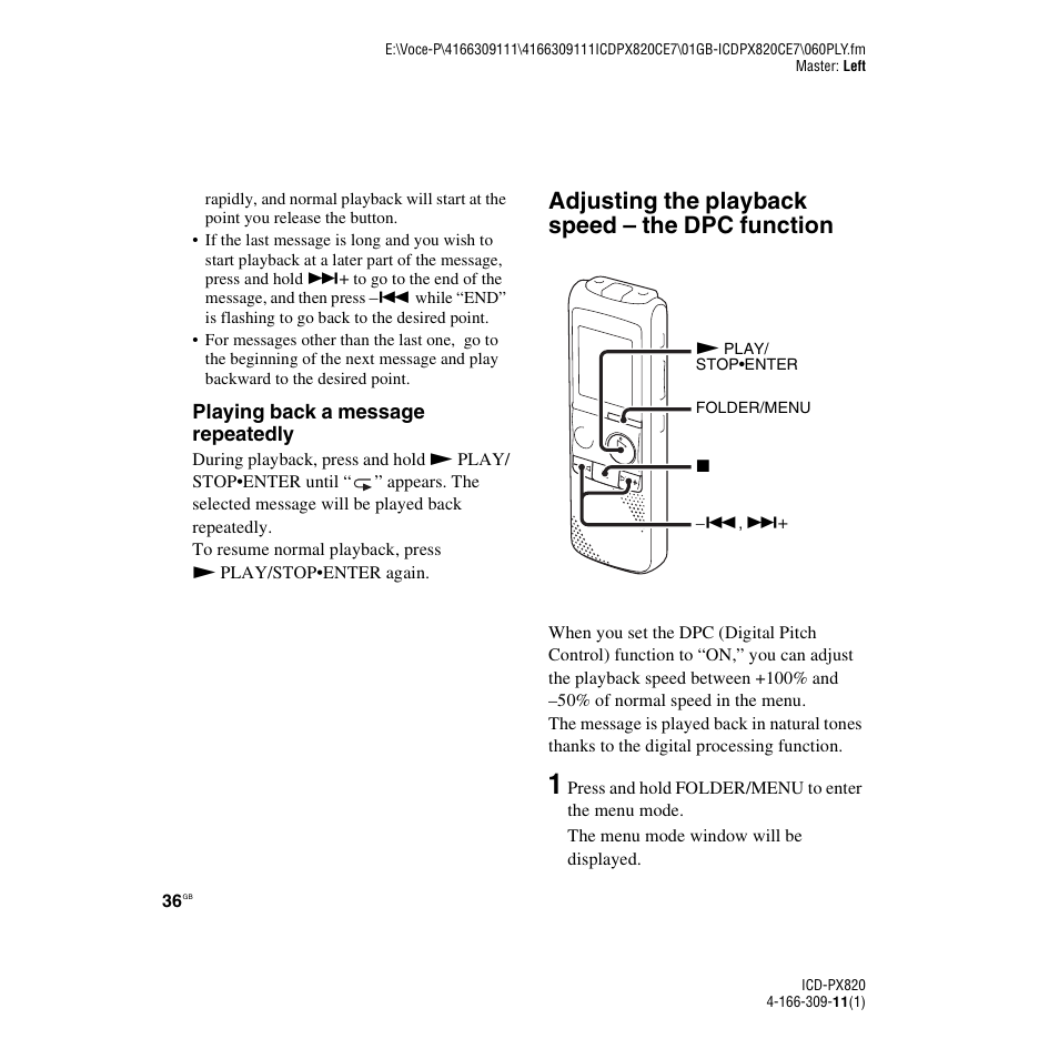 Adjusting the playback speed - the dpc function, Adjusting the playback speed – the dpc function | Sony 4-166-309-11(1) User Manual | Page 36 / 96