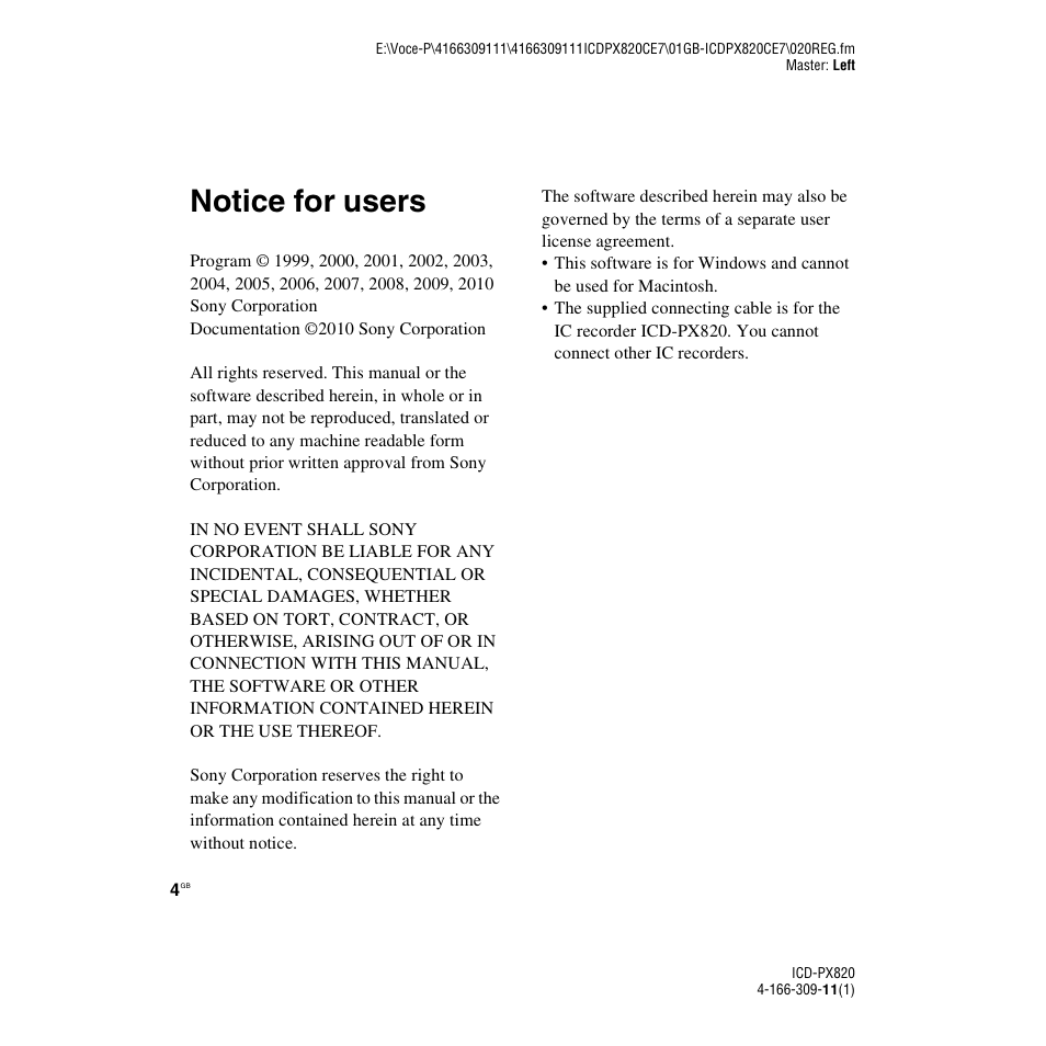 Notice for users | Sony 4-166-309-11(1) User Manual | Page 4 / 96