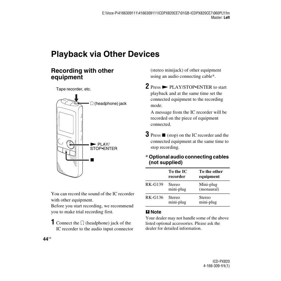 Playback via other devices, Recording with other equipment | Sony 4-166-309-11(1) User Manual | Page 44 / 96