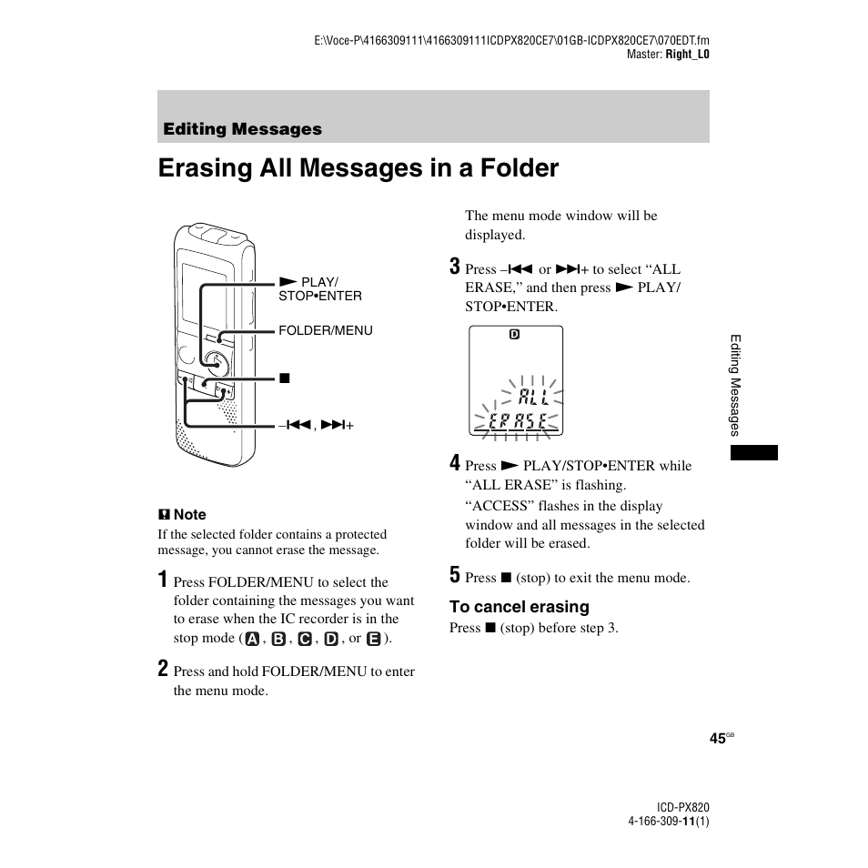 Editing messages, Erasing all messages in a folder | Sony 4-166-309-11(1) User Manual | Page 45 / 96