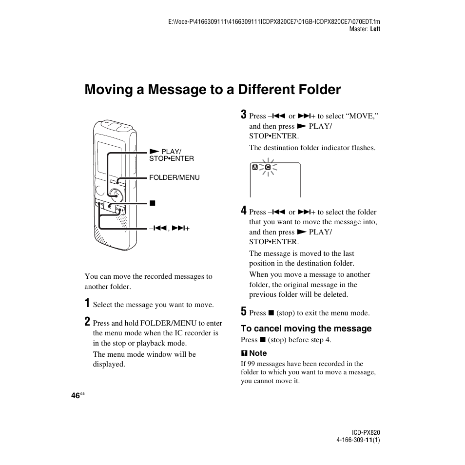 Moving a message to a different folder | Sony 4-166-309-11(1) User Manual | Page 46 / 96