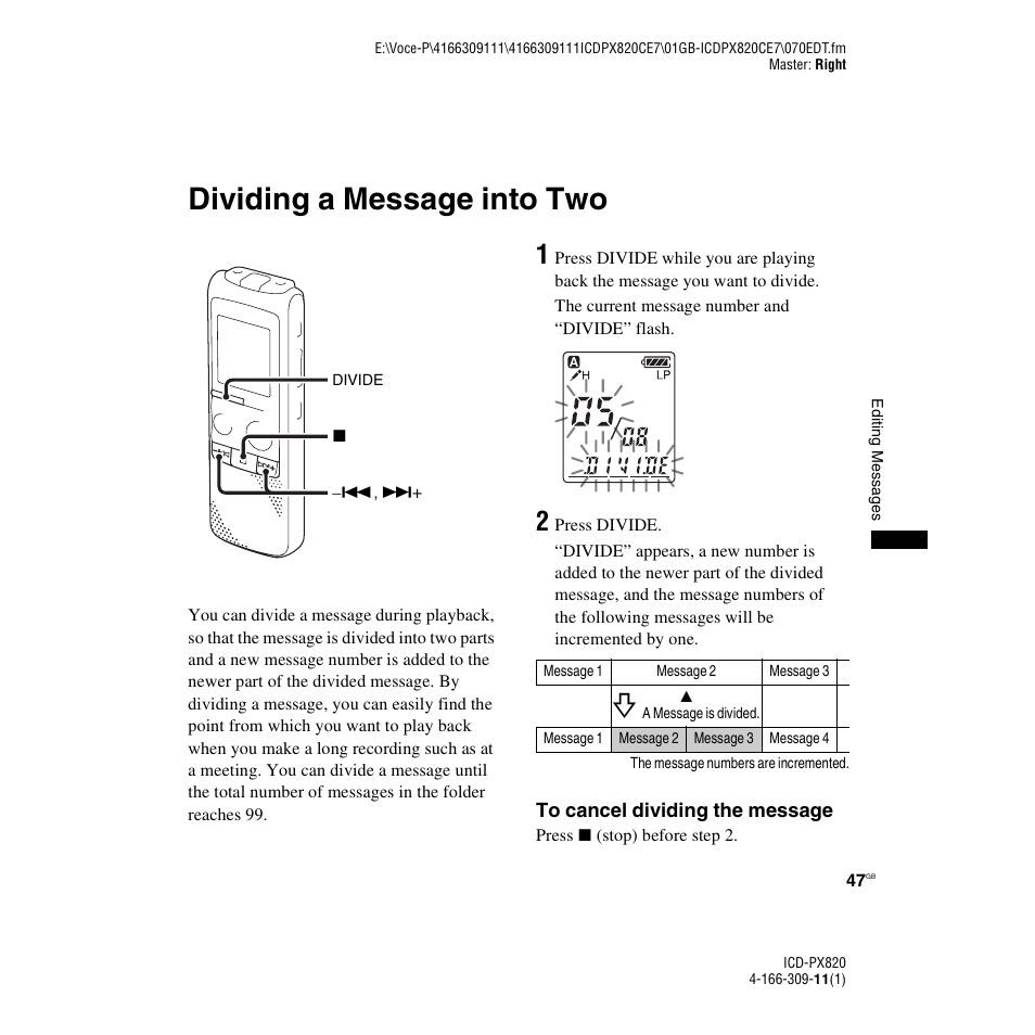 Dividing a message into two | Sony 4-166-309-11(1) User Manual | Page 47 / 96