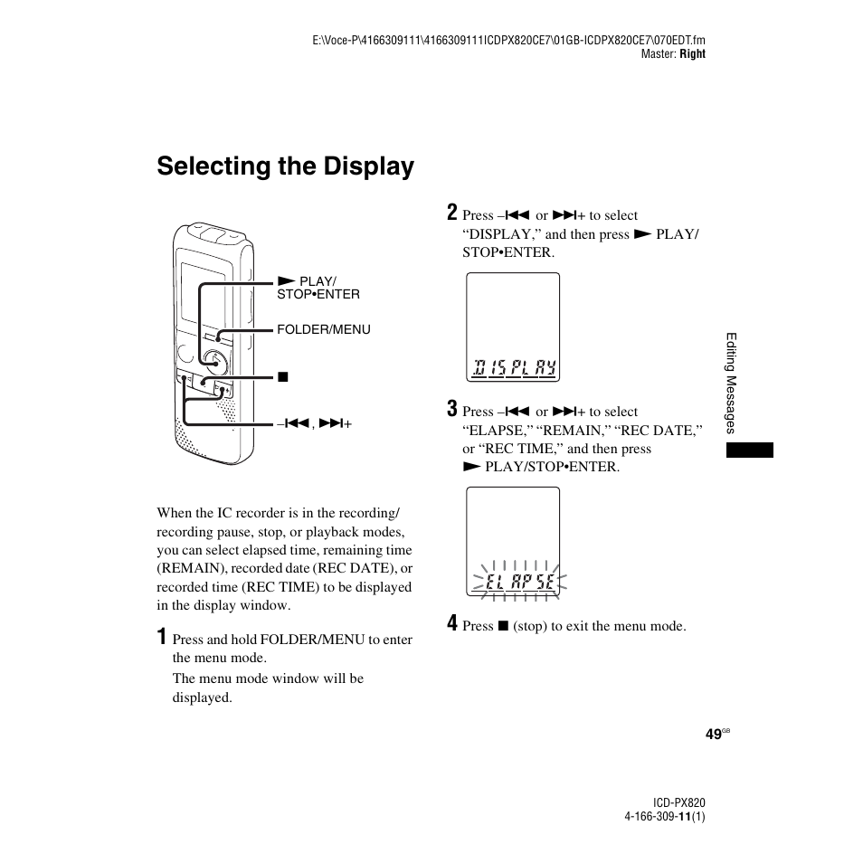 Selecting the display | Sony 4-166-309-11(1) User Manual | Page 49 / 96