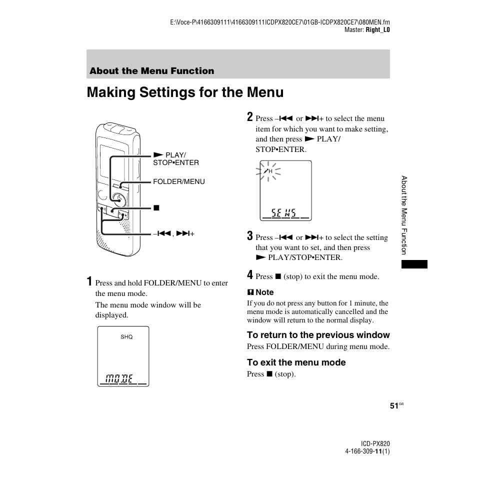 About the menu function, Making settings for the menu | Sony 4-166-309-11(1) User Manual | Page 51 / 96