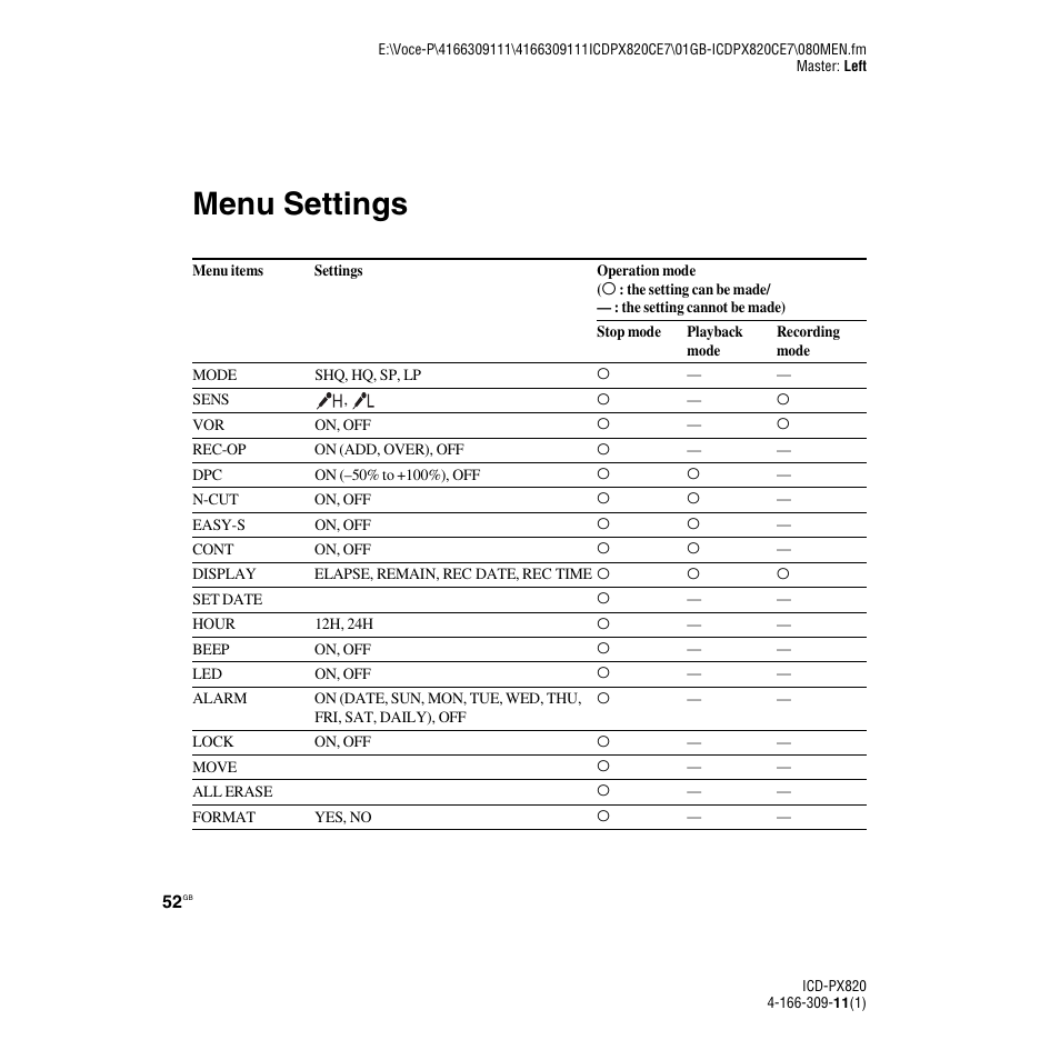 Menu settings | Sony 4-166-309-11(1) User Manual | Page 52 / 96
