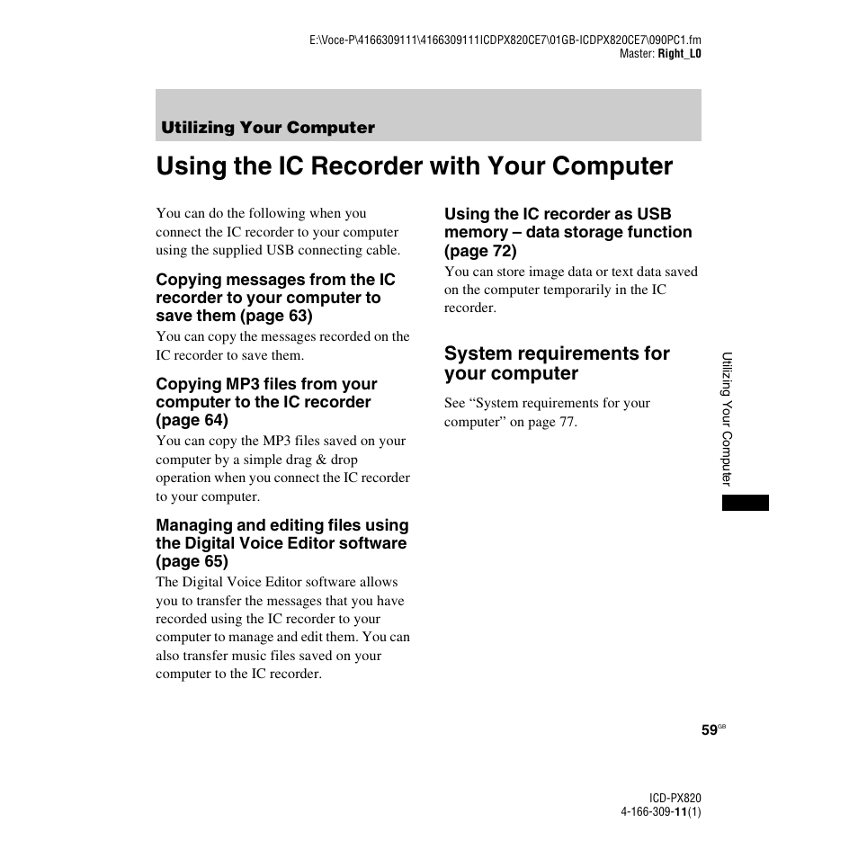 Utilizing your computer, Using the ic recorder with your computer, System requirements for your computer | Sony 4-166-309-11(1) User Manual | Page 59 / 96