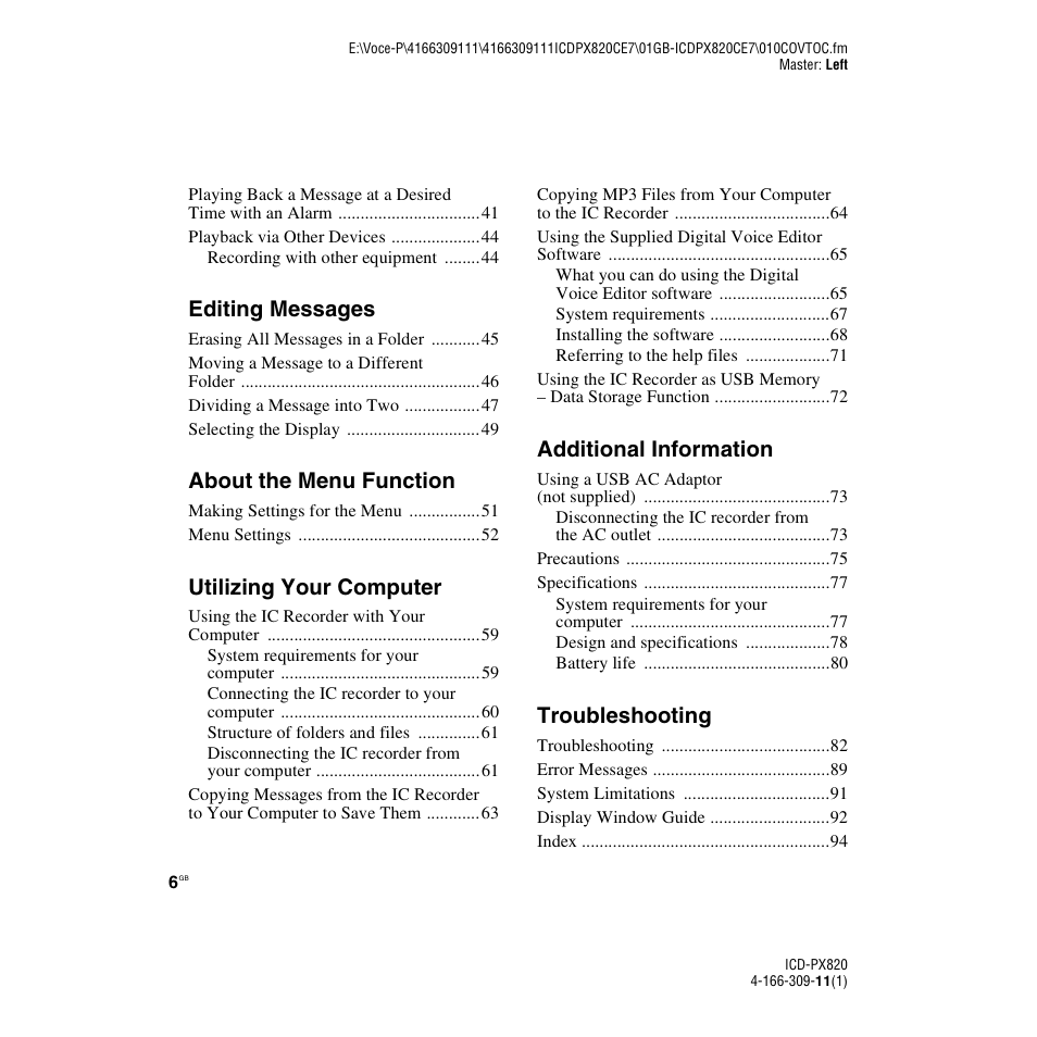 Editing messages, About the menu function, Utilizing your computer | Additional information, Troubleshooting | Sony 4-166-309-11(1) User Manual | Page 6 / 96