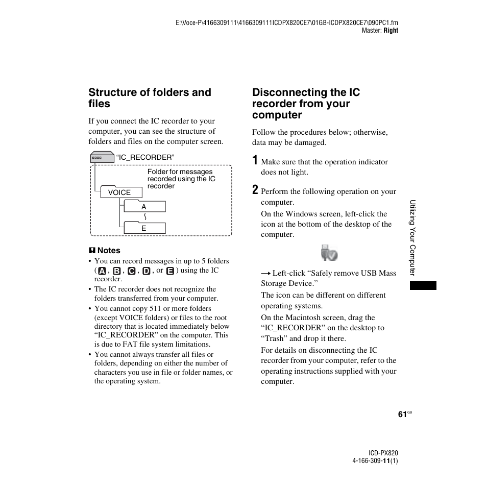 Structure of folders and files, Disconnecting the ic recorder from your computer | Sony 4-166-309-11(1) User Manual | Page 61 / 96