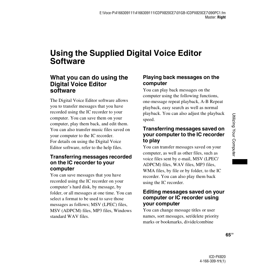 Using the supplied digital voice editor software | Sony 4-166-309-11(1) User Manual | Page 65 / 96