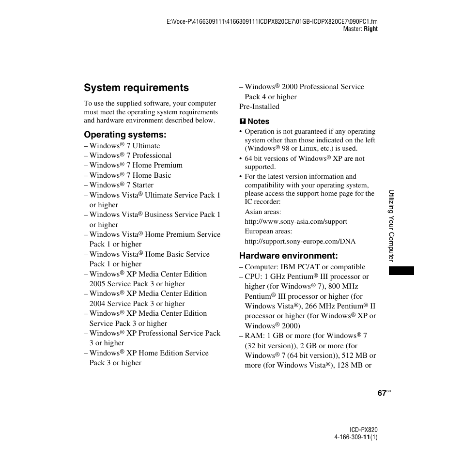 System requirements | Sony 4-166-309-11(1) User Manual | Page 67 / 96