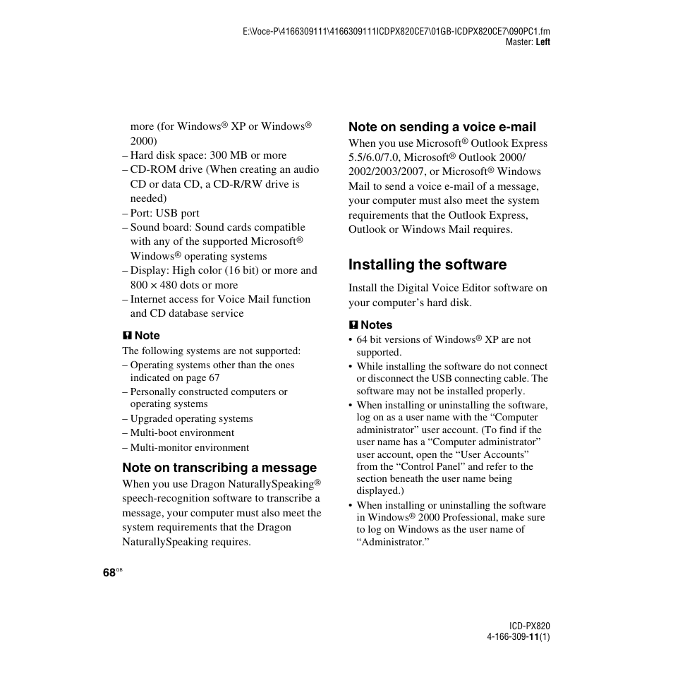 Installing the software | Sony 4-166-309-11(1) User Manual | Page 68 / 96