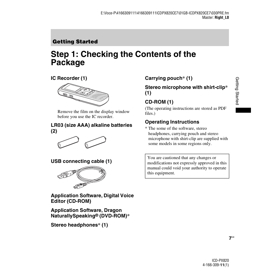 Getting started, Step 1: checking the contents of the package | Sony 4-166-309-11(1) User Manual | Page 7 / 96