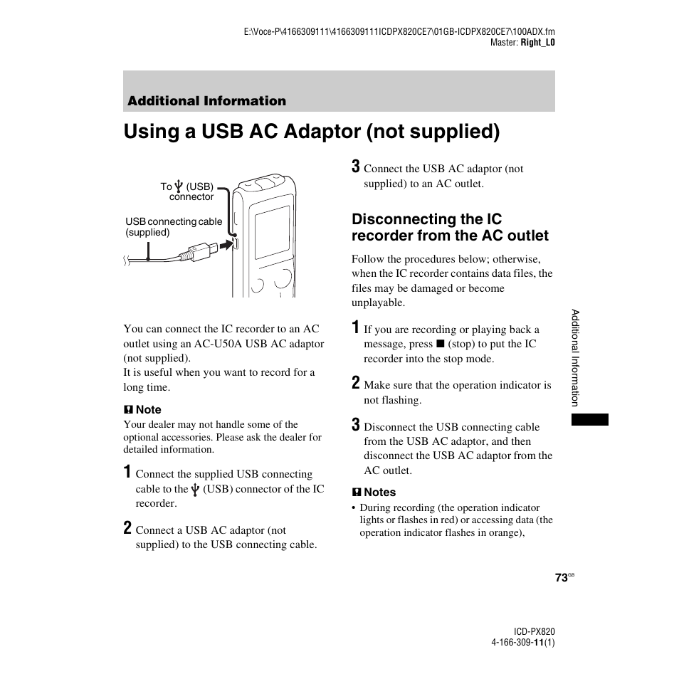 Additional information, Using a usb ac adaptor (not supplied), Disconnecting the ic recorder from the ac outlet | Sony 4-166-309-11(1) User Manual | Page 73 / 96