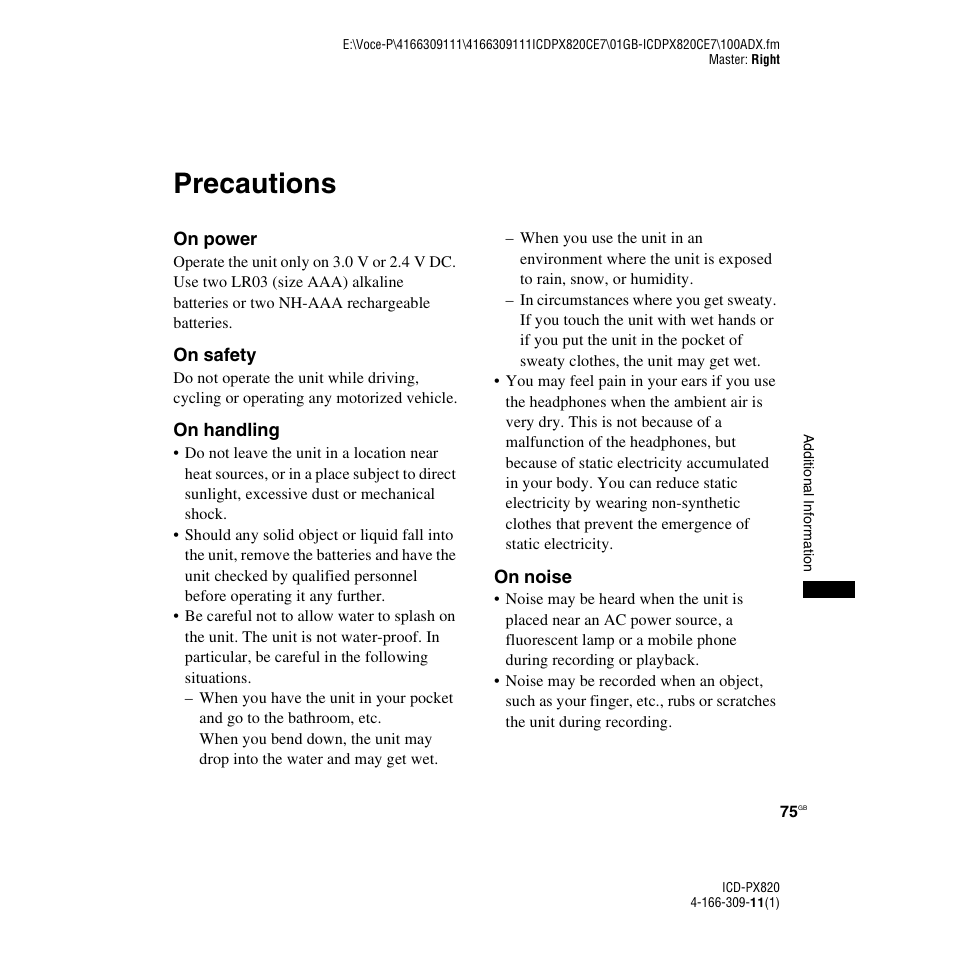 Precautions | Sony 4-166-309-11(1) User Manual | Page 75 / 96