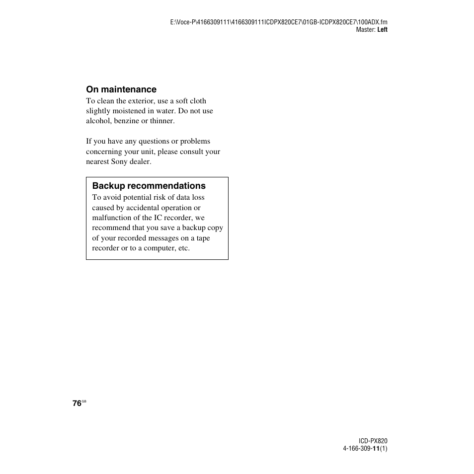 On maintenance, Backup recommendations | Sony 4-166-309-11(1) User Manual | Page 76 / 96