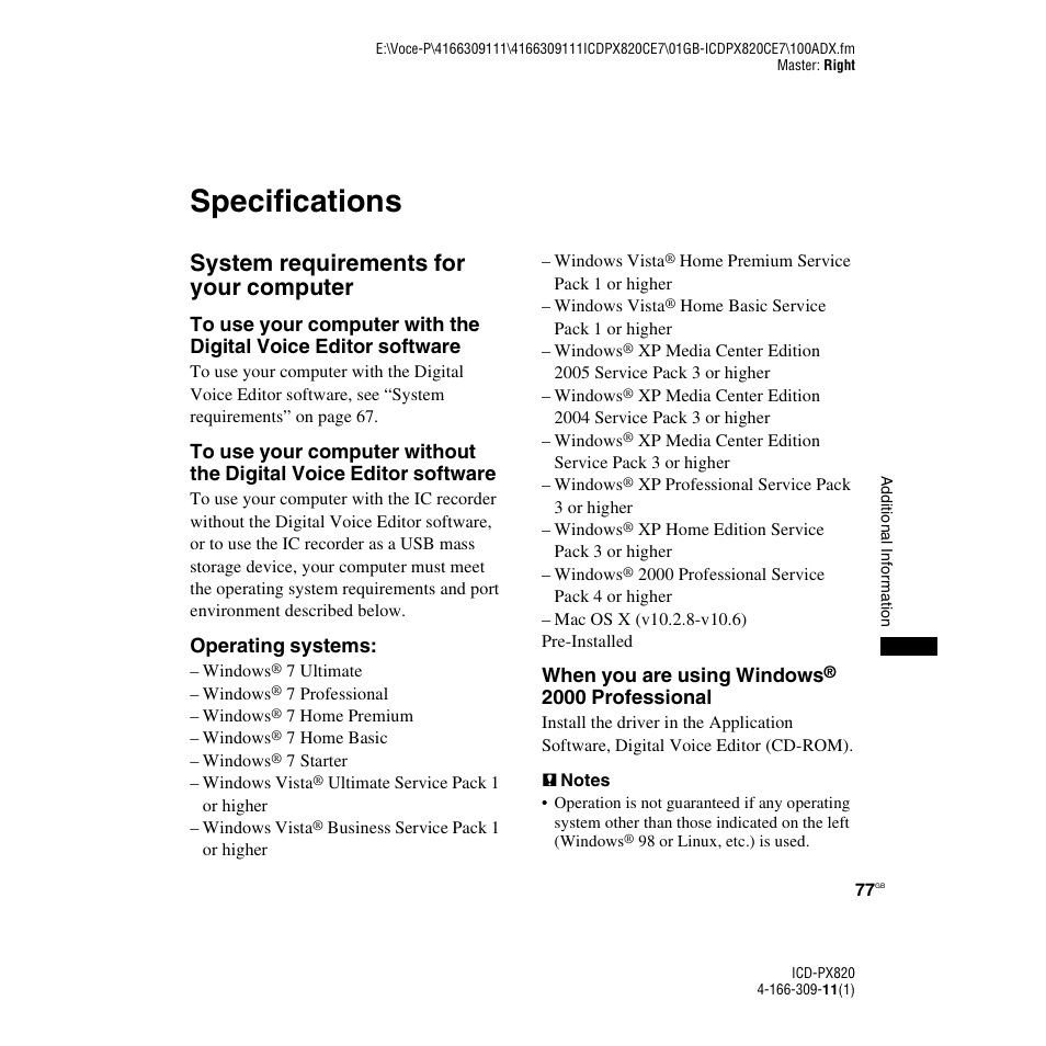 Specifications, System requirements for your computer, System requirements for your computer” on | Sony 4-166-309-11(1) User Manual | Page 77 / 96